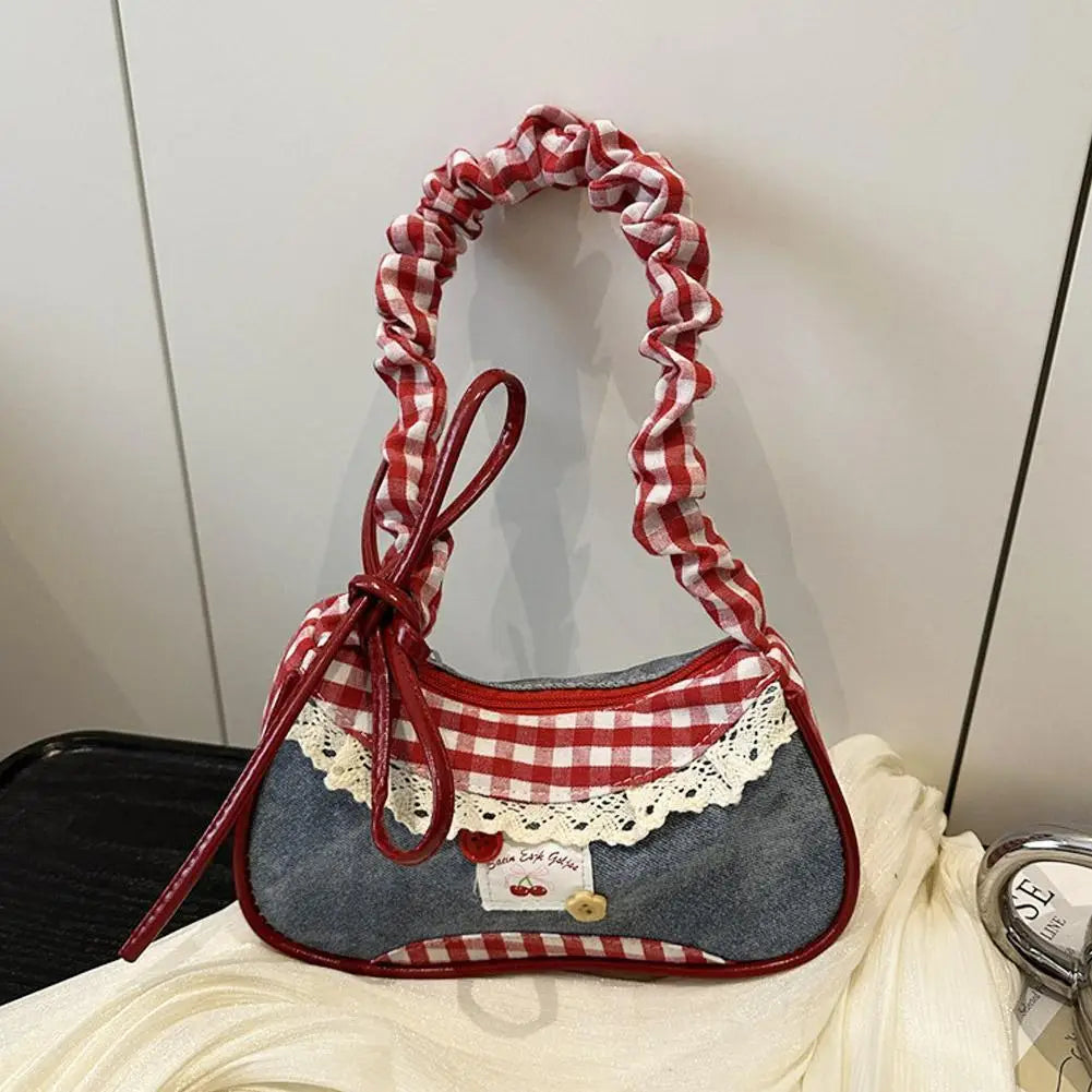 Y2K Checkered Lace Bowknot Shoulder Crossbody Bag for Women