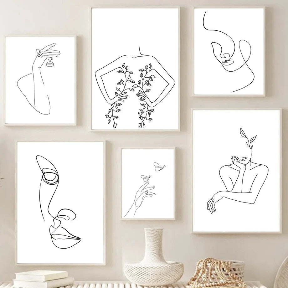 Nordic Minimalist Canvas Wall Art – Abstract Woman Face Line Art