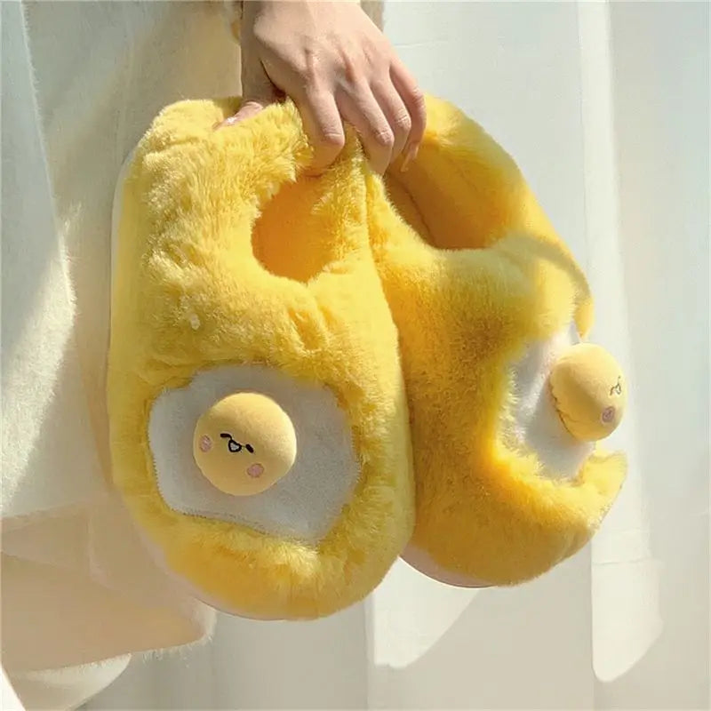 Fried Egg Plush Slippers – Novelty Fleece Indoor Slides Women
