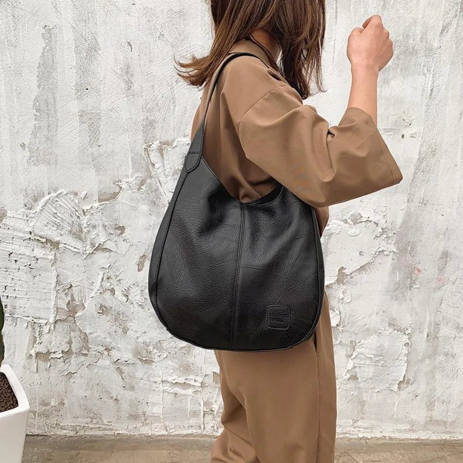Large Vintage Women's PU Leather Shoulder Tote Bag – Retro Style