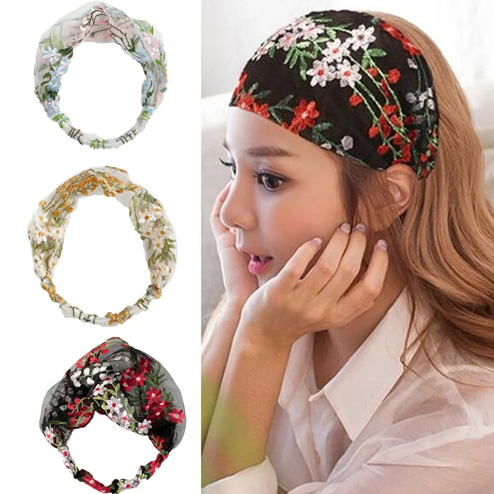 Korean Lace Floral Wide-Brim Turban Headband | Face Wash Hair Band