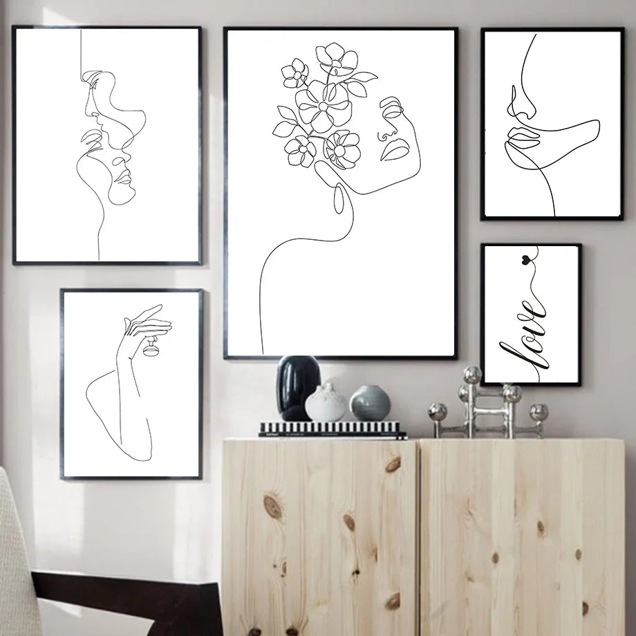 Nordic Minimalist Canvas Wall Art – Abstract Woman Face Line Art