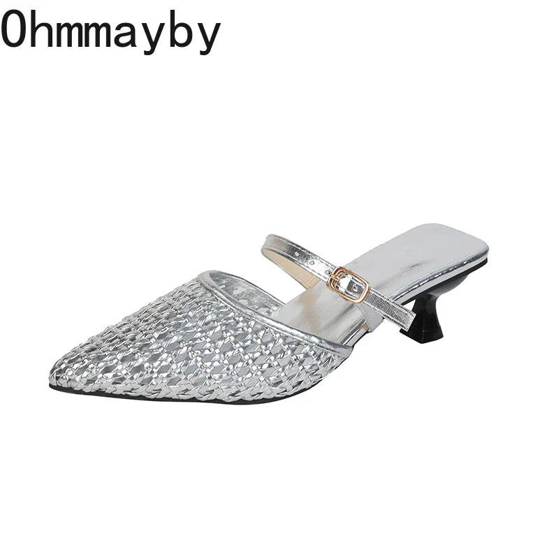 Women's Hollow Weave High Heel Mules – Square Heel Dress Slides
