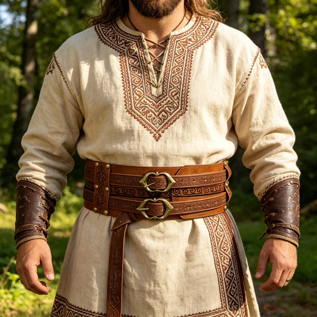 Viking Embossed Wide Waist Sash Medieval Double Buckle Leather