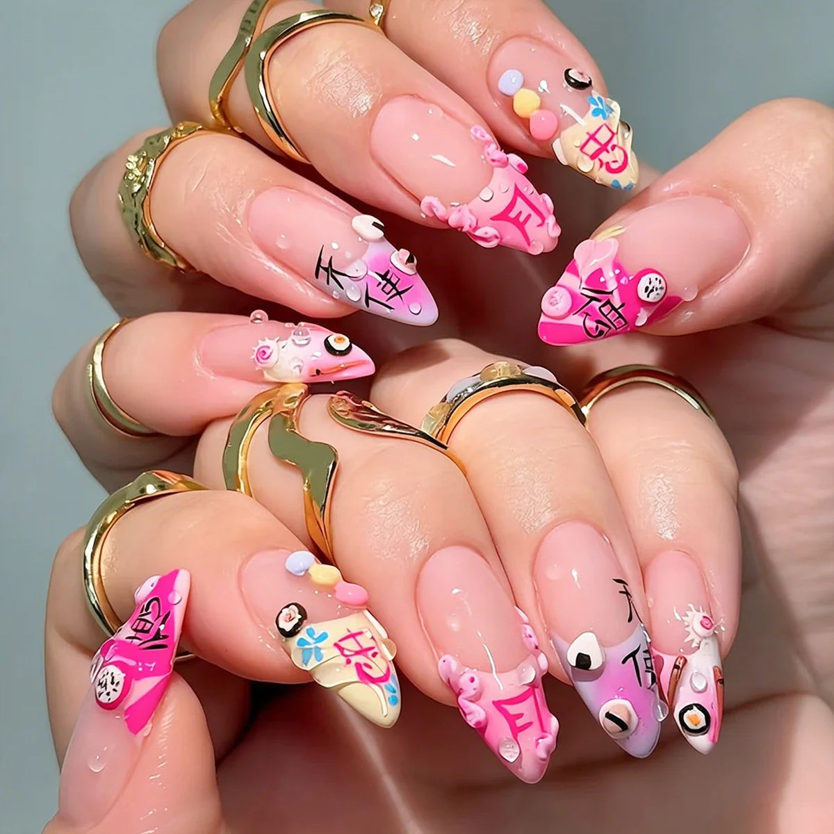 24pcs 3D Cartoon Press On Nails – Almond Y2K Fake Nail Set