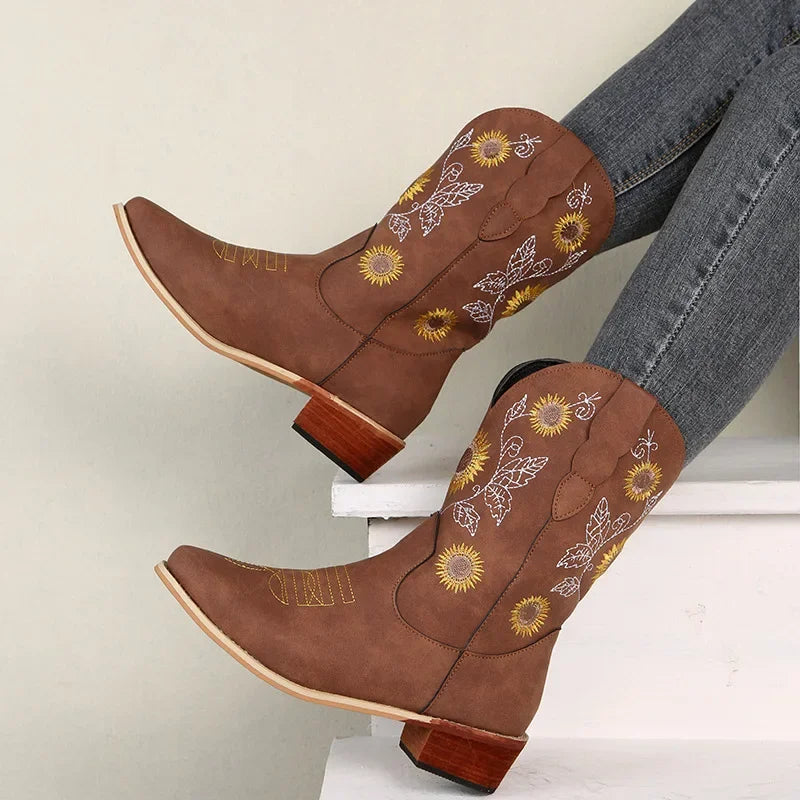 Women's Embroidered Floral Mid-Calf Western Cowboy Boots