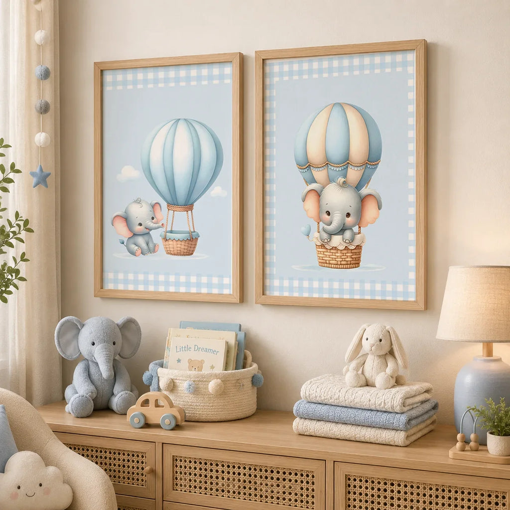 Elephant Hot Air Balloon Nursery Canvas Wall Art | Kids Decor