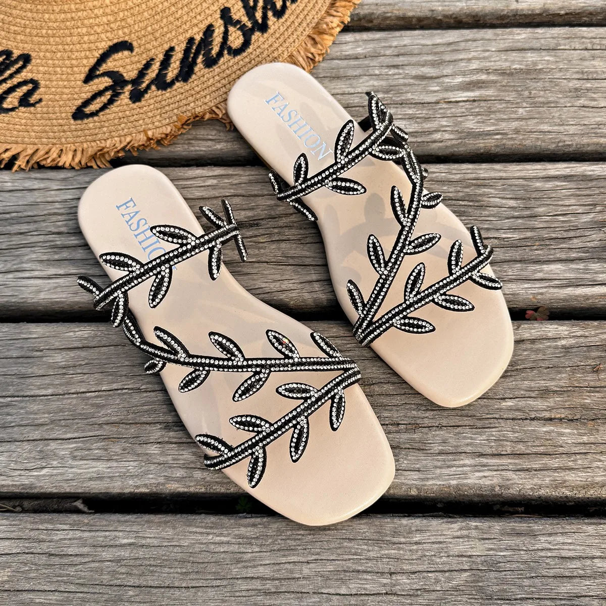 Women's Rhinestone Leaf Flat Slide Sandals | Summer Beach Slippers