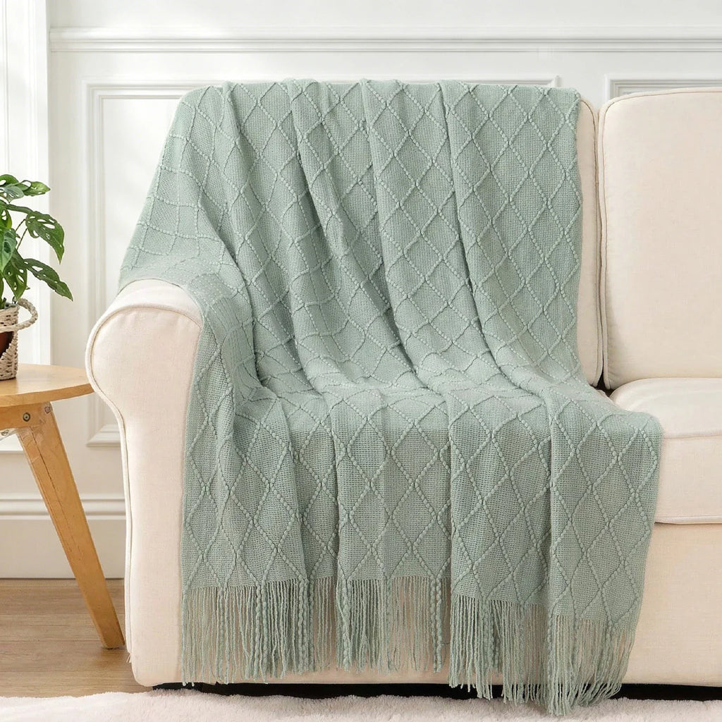 Battilo Plaid Knitted Throw Blanket | Soft Green Sofa Throw