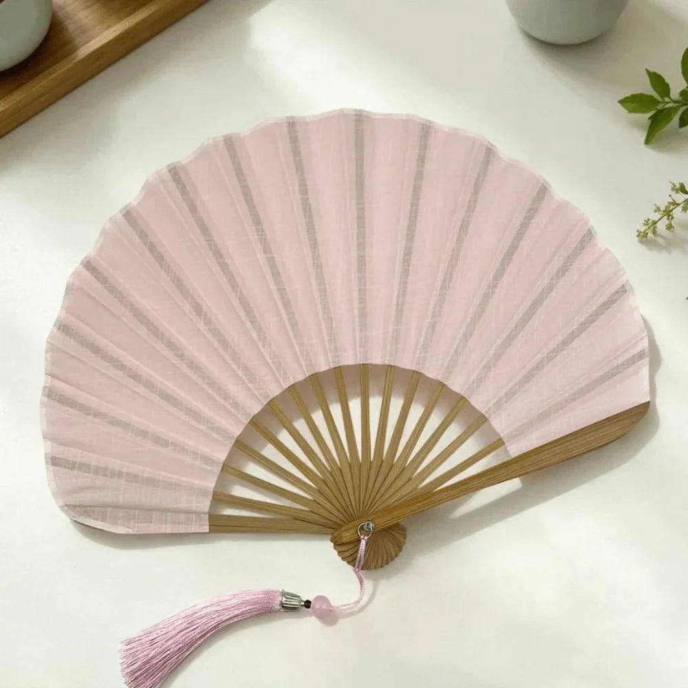 Shell-Shaped Folding Hand Fan | Bamboo & Cotton Linen Retro