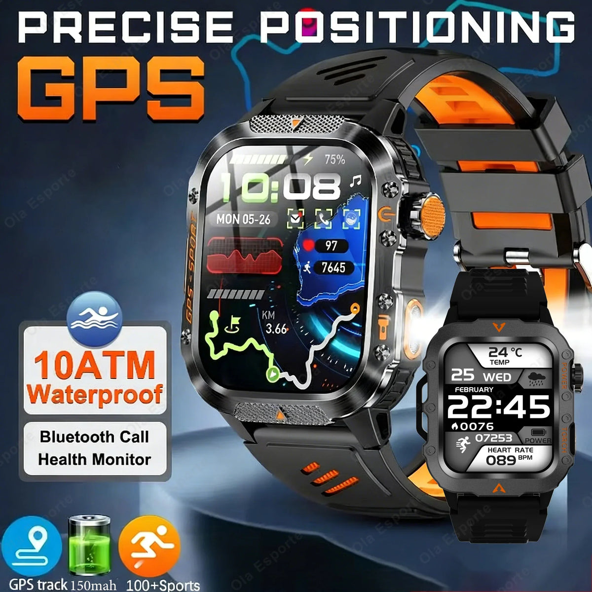 2026 Military Smart Watch Men IP67 3ATM Waterproof Outdoor Sports