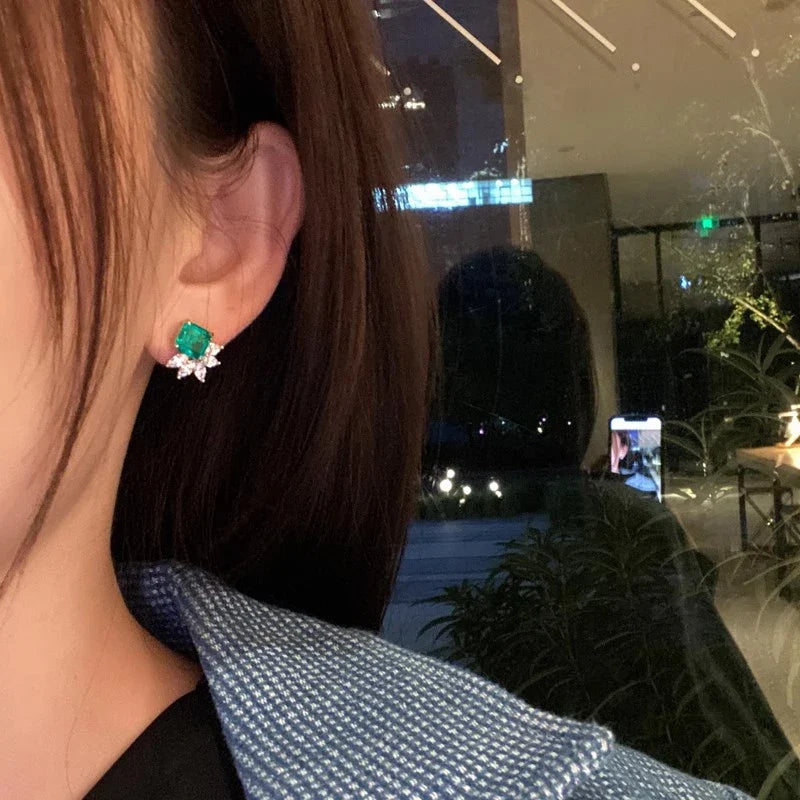 Huitan Square Green Cubic Zirconia Stud Earrings for Women