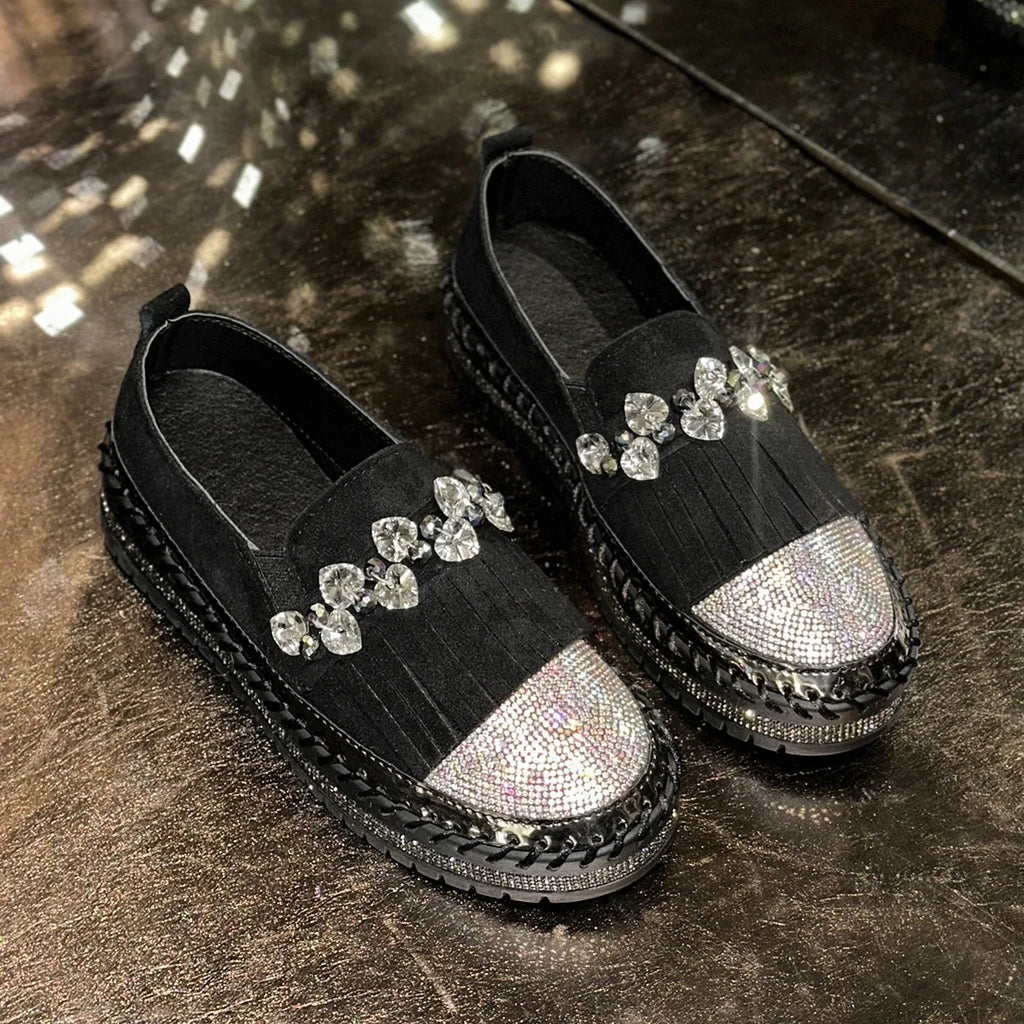Women's Rhinestone Cow Suede Loafers – Flat Slip-On Shoes