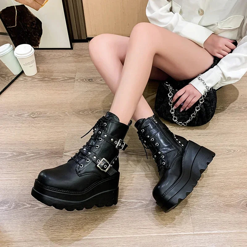 Goth Platform Ankle Chelsea Boots – Chunky Wedge Women Sizes 5.5–10