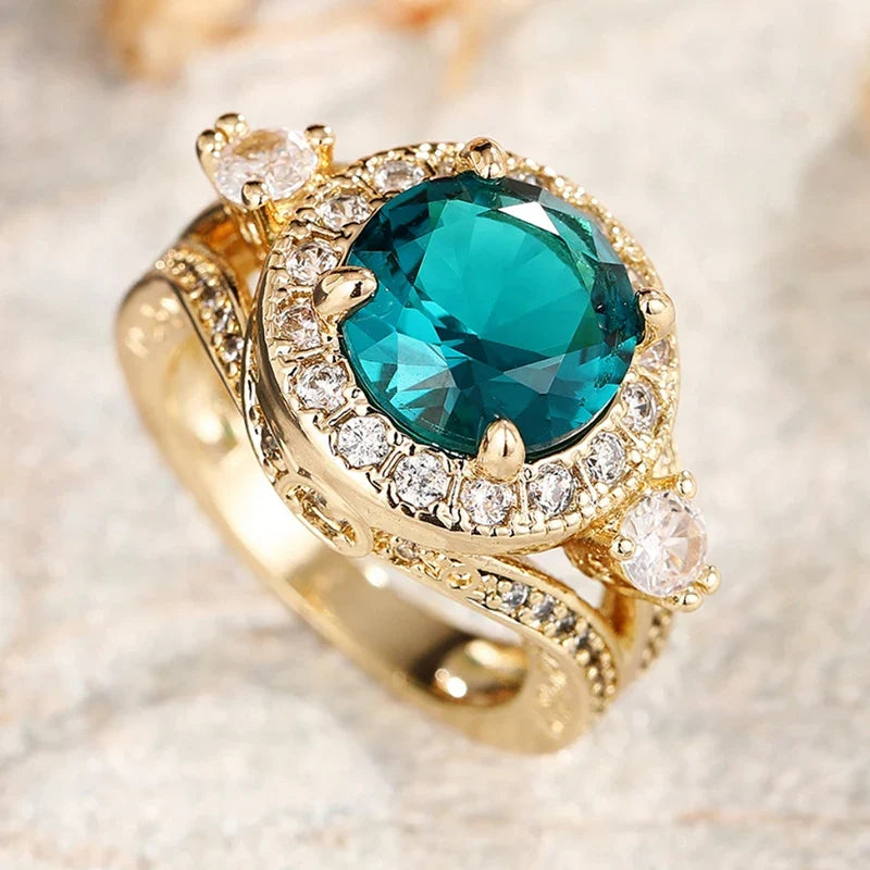Huitan Green CZ Ring for Women – Gold-Tone Wedding Band | Size 5–14
