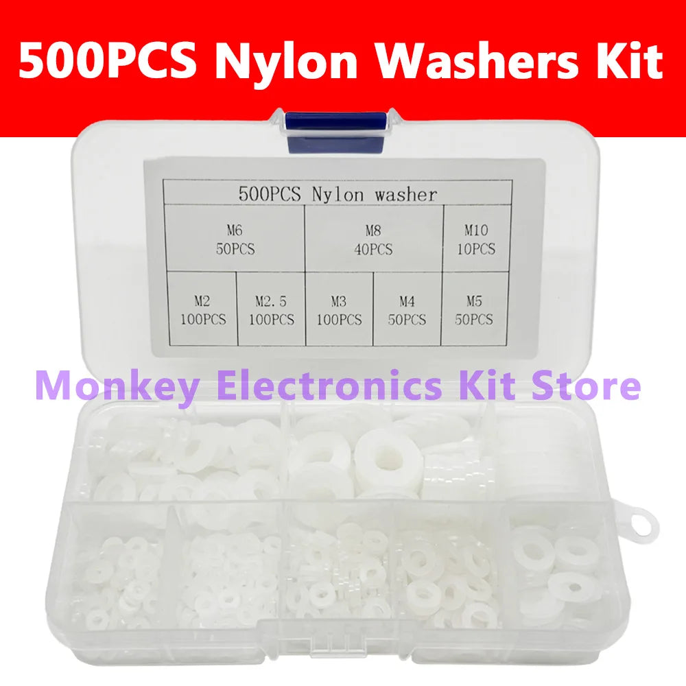 500 PCS Nylon Flat Washer Kit – M2 to M10 Insulation Gaskets