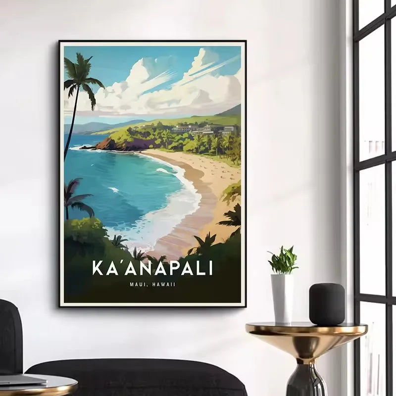 Vintage Hawaii Lahaina Beach Landscape Canvas Wall Art Poster