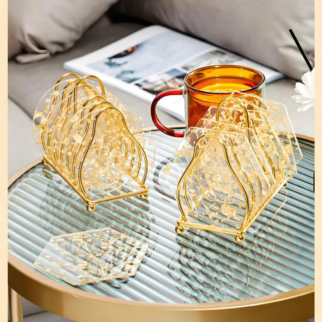 4-Piece Golden Foil Acrylic Coaster Set – Heat Resistant Pads