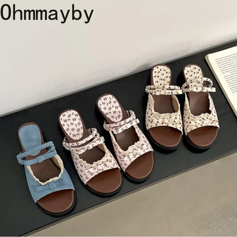 Women's Floral Butterfly-Knot Wedge Slippers | Summer Sandals