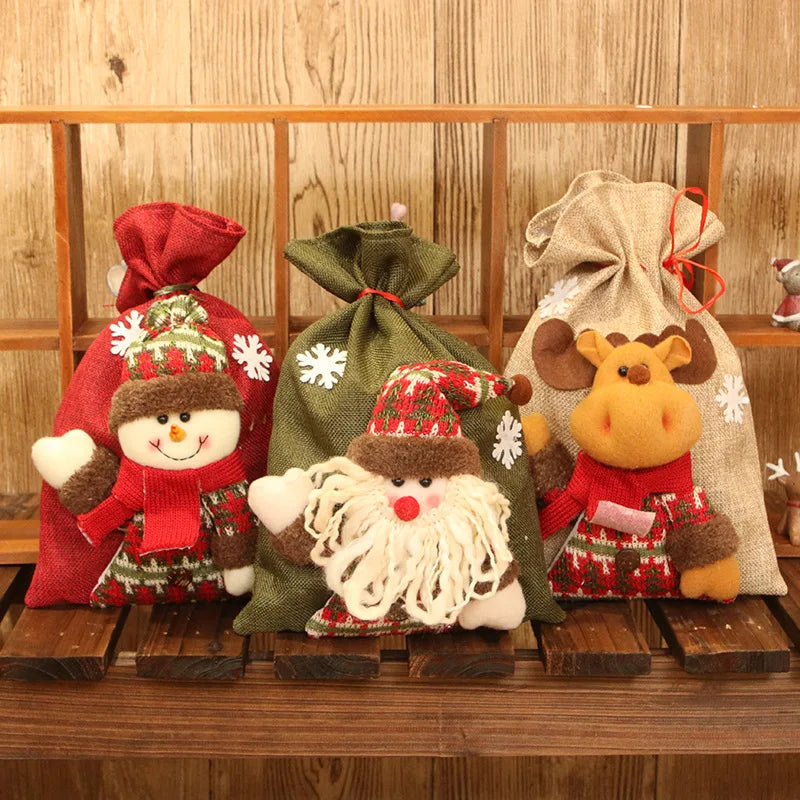 Linen Drawstring Christmas Gift Bags | Holiday Candy Bags