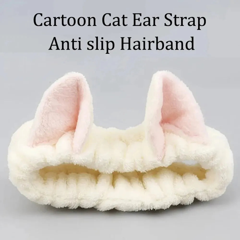 Cat Ear Coral Plush Headband – Soft Bow Makeup Hair Band