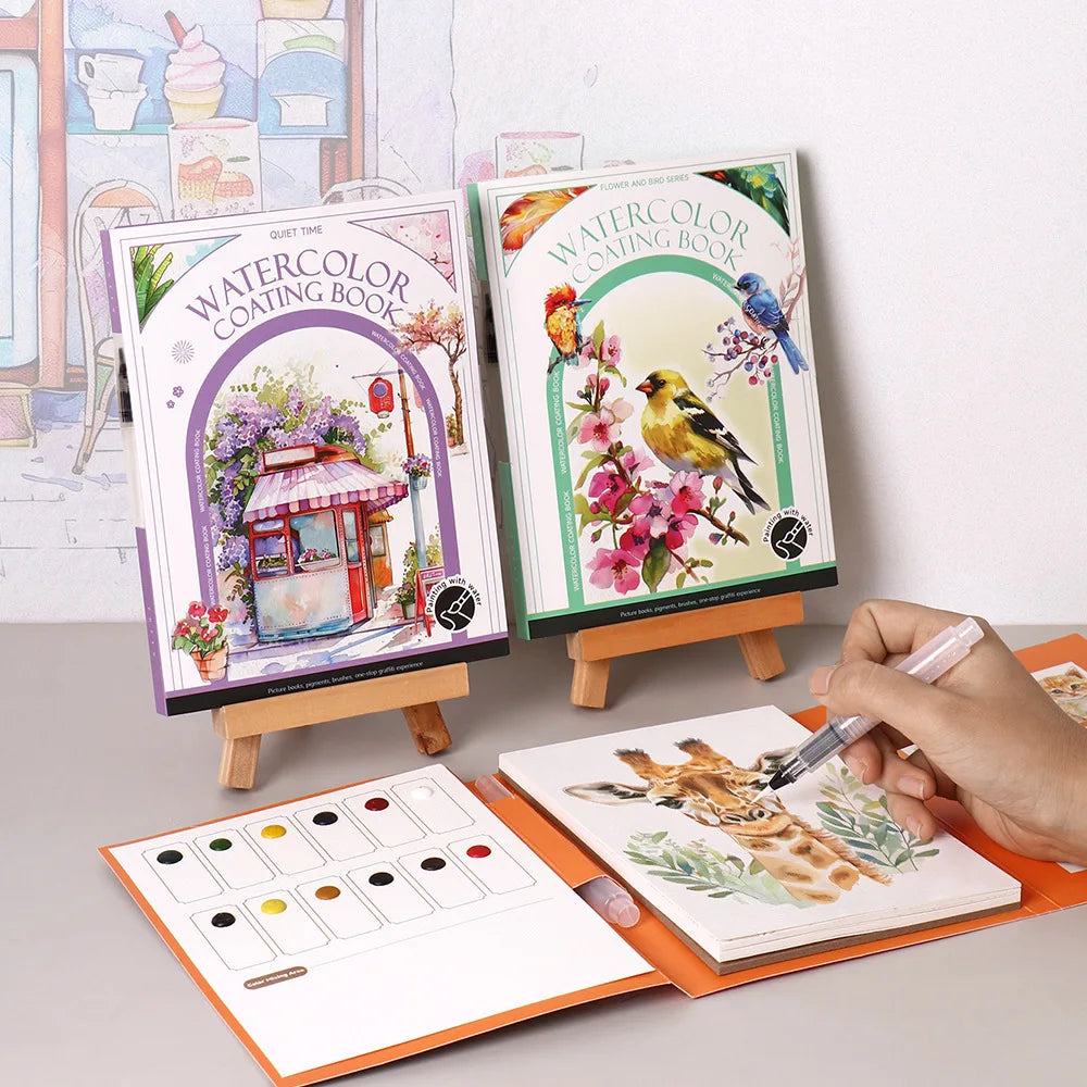 Travel Watercolor Painting Tri-fold Book Built-in 12 Colors Stress