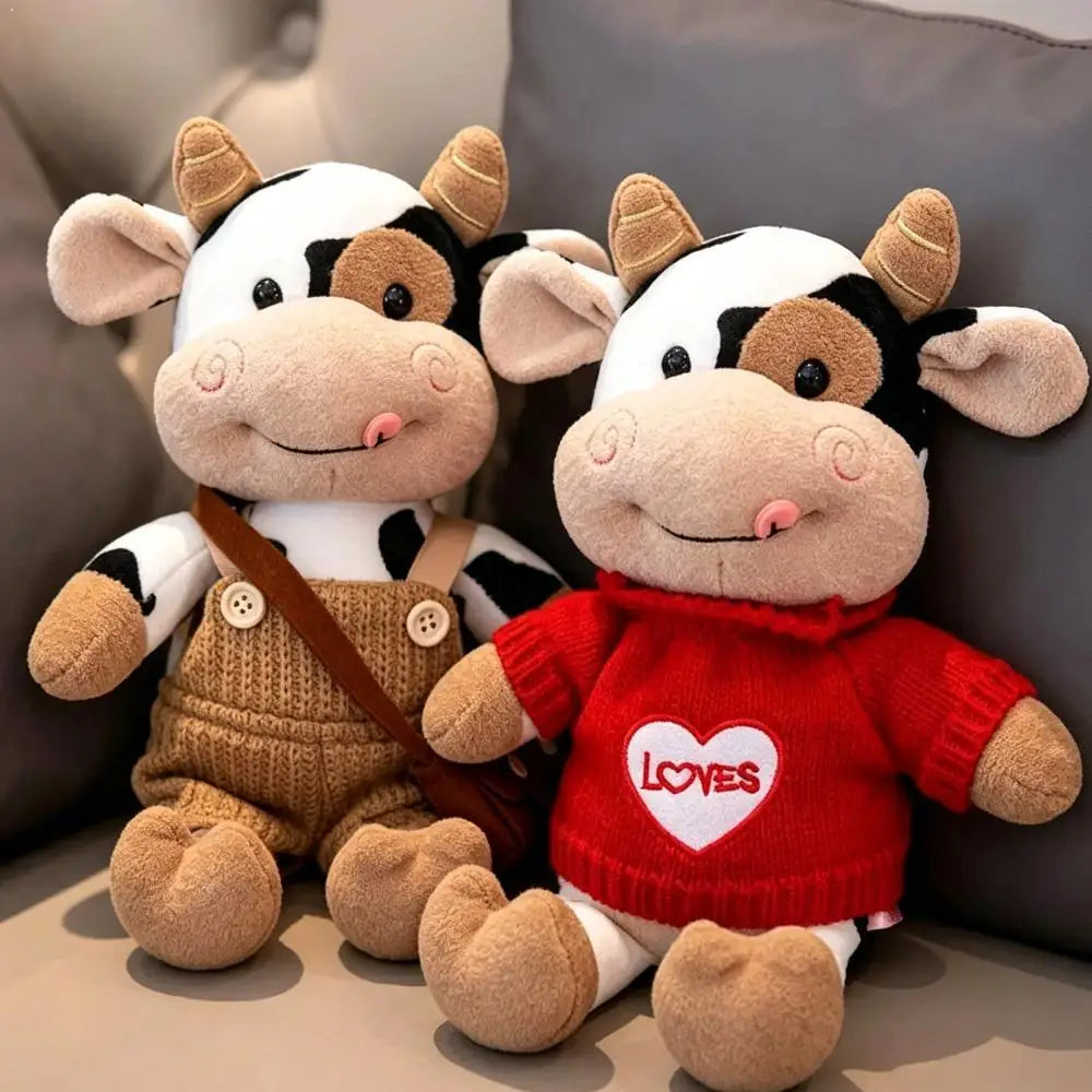 Cute Tongue Out Cow Plush Toy Removable Knit Sweater Stuffed Animal