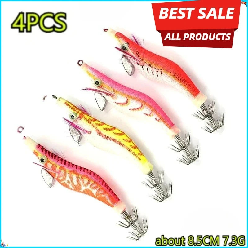 Squid Jig Shrimp Fishing Lures Wood Prawn Baits Hooks Angling Tackle