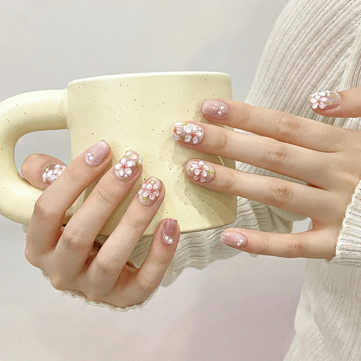 Pink Peach Blossom Press On Nails | Cat Eye Pearl Short Fake Nails