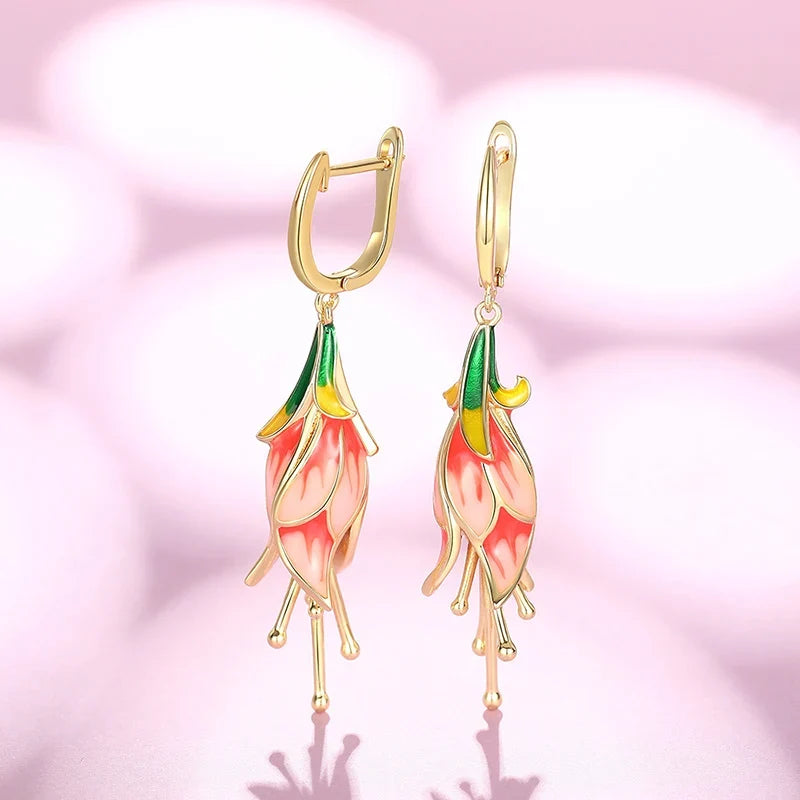 Huitan Pink Tulip Enamel Drop Earrings | Women's Fashion Jewelry