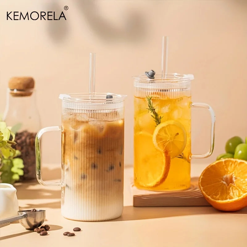 KEMORELA 740ml Ribbed Glass Tumbler with Handle, Lid & Straw