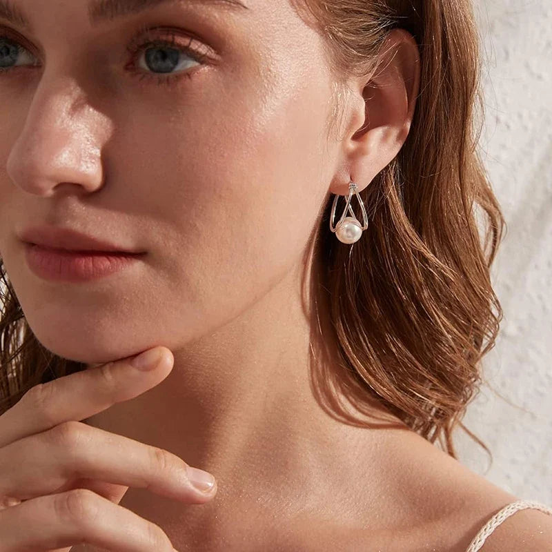 Huitan Imitation Pearl Hoop Earrings – Silver Fashion Jewelry