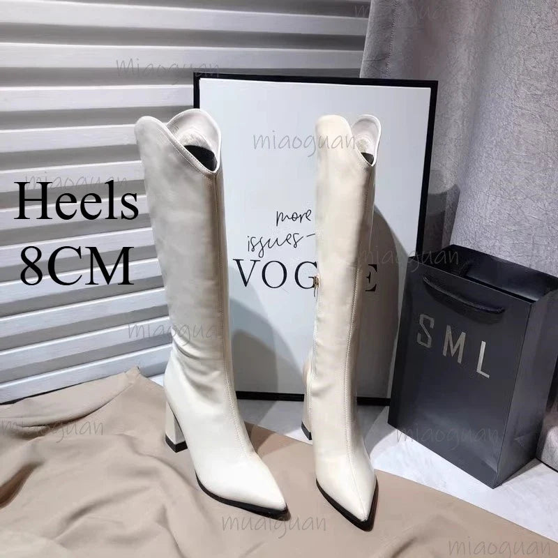 Women's Pointed Toe Knee-High Boots – Chunky Heel & Zip