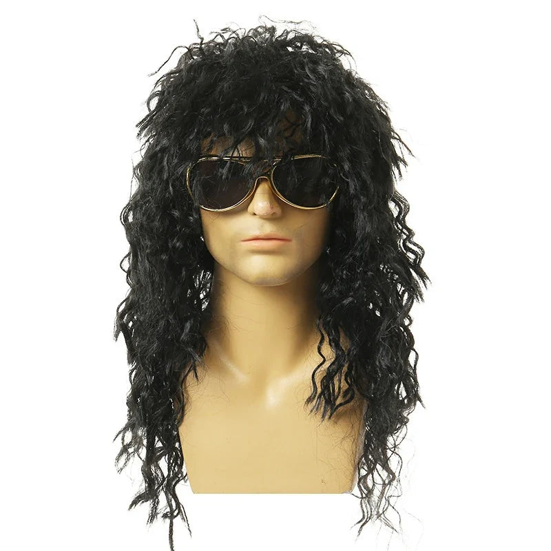 Men's Long Curly Black Wig – Fluffy Synthetic Cosplay Party Wig