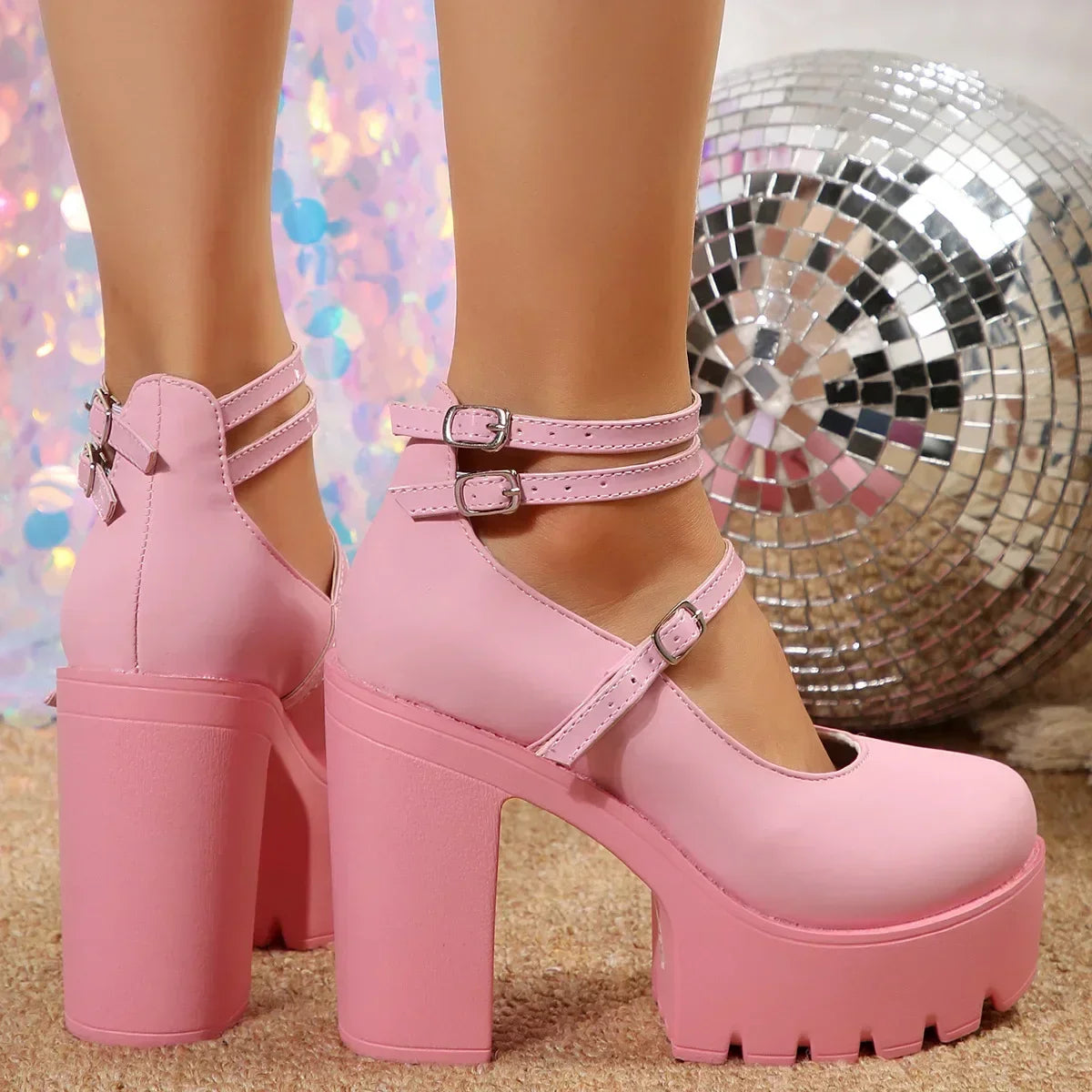 Women's Chunky Square Heel Platform Pumps with Ankle Strap