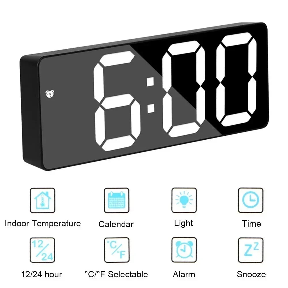 Large LED Digital Alarm Clock | Mirror Display & Snooze