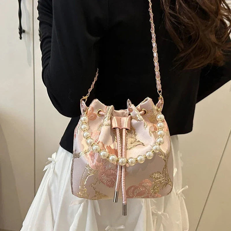 Pearl Chain Bucket Bag – Retro Chinese Style Crossbody