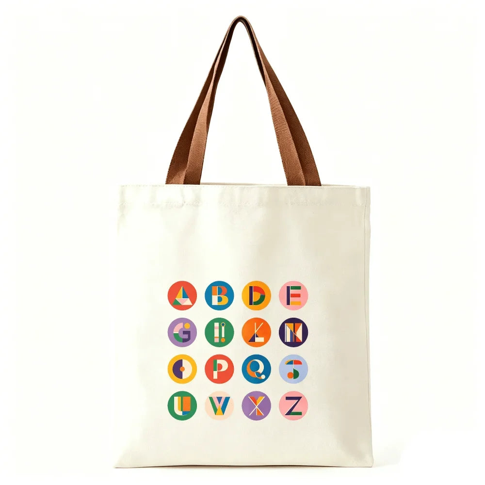 Vibrant Geometric Alphabet Canvas Tote Bag Large Cotton Shoulder