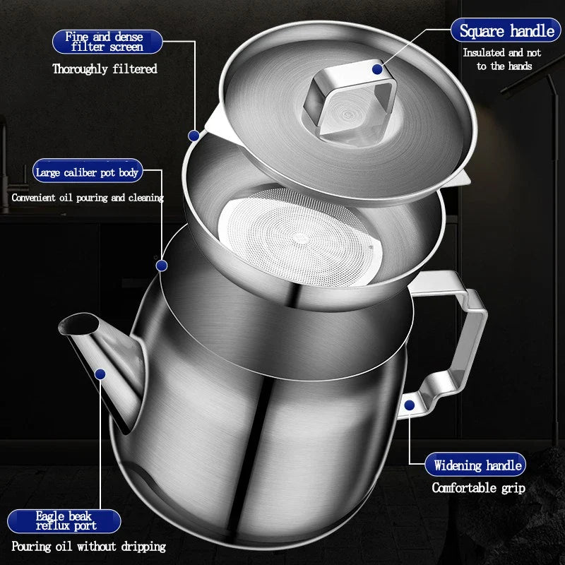 304 Stainless Steel Oil Strainer Pot with Fine Mesh – 1/1.5/2L