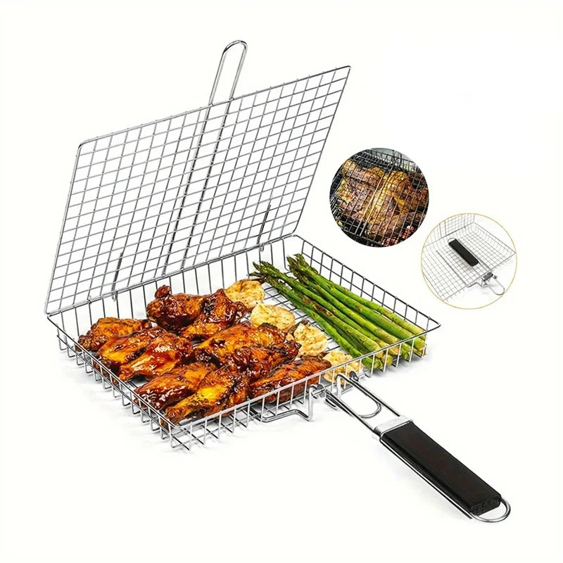 Folding Stainless Steel BBQ Grill Basket – Lockable, Large Grilling Surface, Includes Basting Brush & Storage Bag