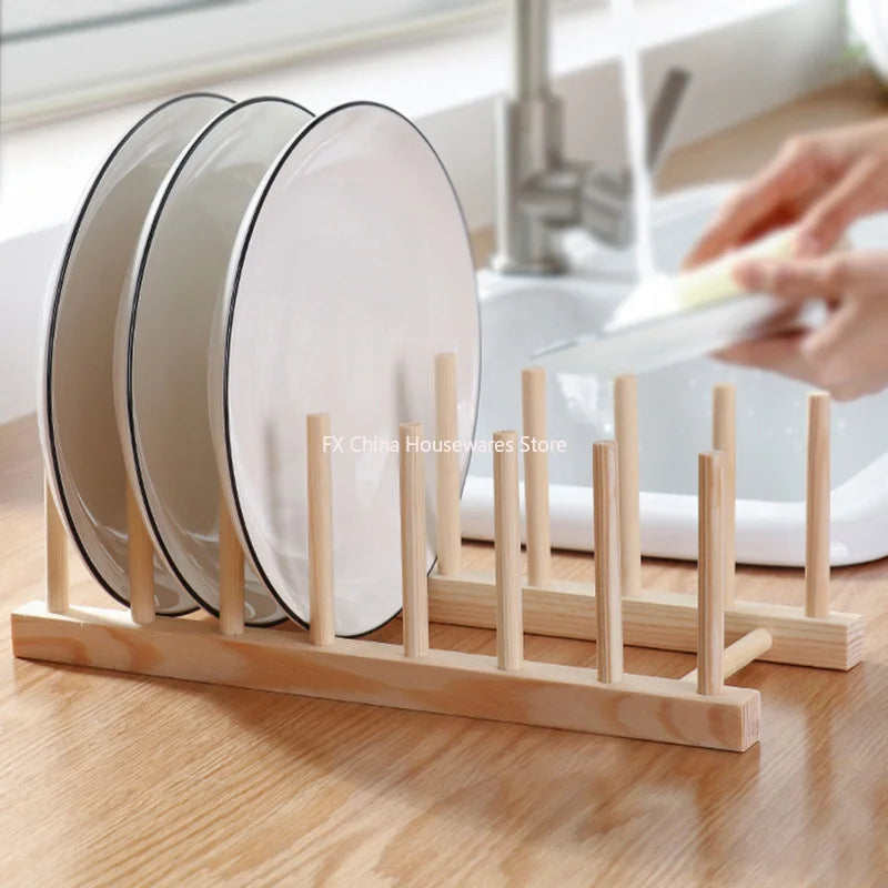 Plate Storage Rack Multifunctional Wooden Dish Cup Pot Lid Drain