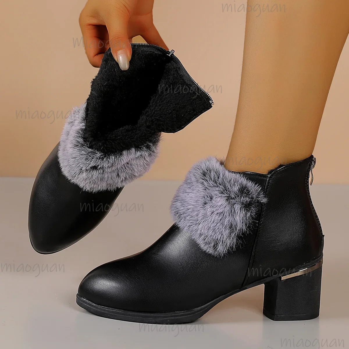 Women's Fur-Lined Chunky Heel Ankle Boots | Winter PU Leather