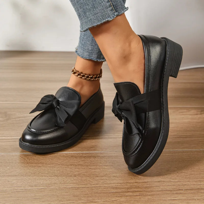 Women's Bow Retro Flat Loafers – Slip-On Casual Shoes