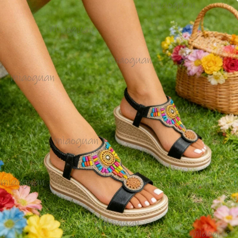Women's Bohemian Wedge Sandals – Colorful Bead Beach Shoes