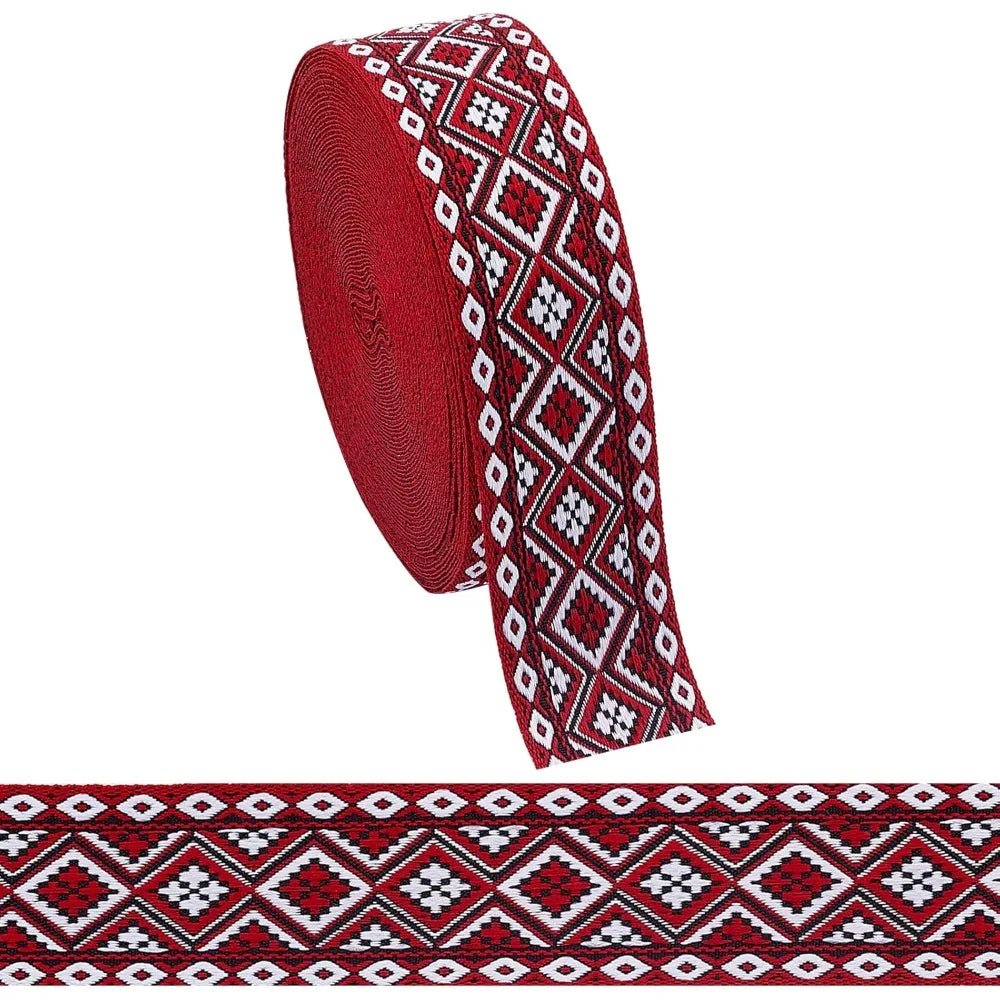 Ethnic Jacquard Ribbon Dark Red Floral 1-1/4" Wide – 10 Yards