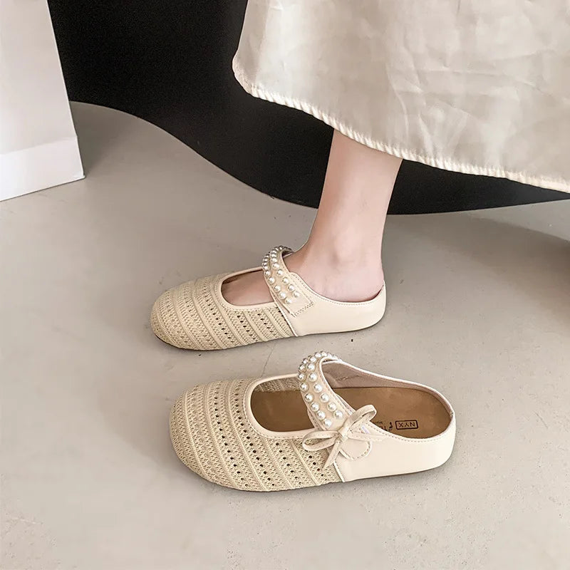 Women's Hollow Knit Bohemian Slippers – Beaded Bow Loafers