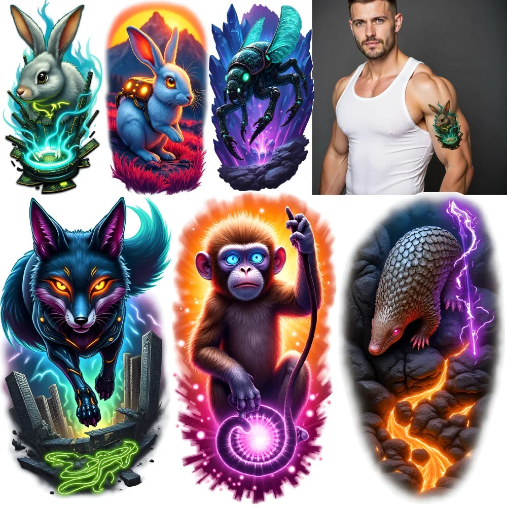 3-Pack Temporary Tattoos – Rhino, Rabbit & Beetle Designs