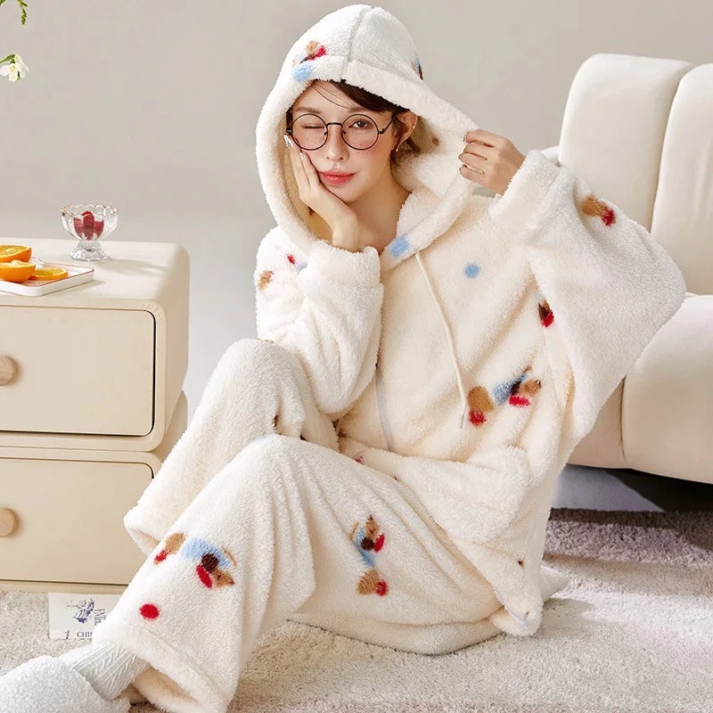 Women's Hooded Cartoon Pajama Set – Warm Fleece 2-Piece Homewear