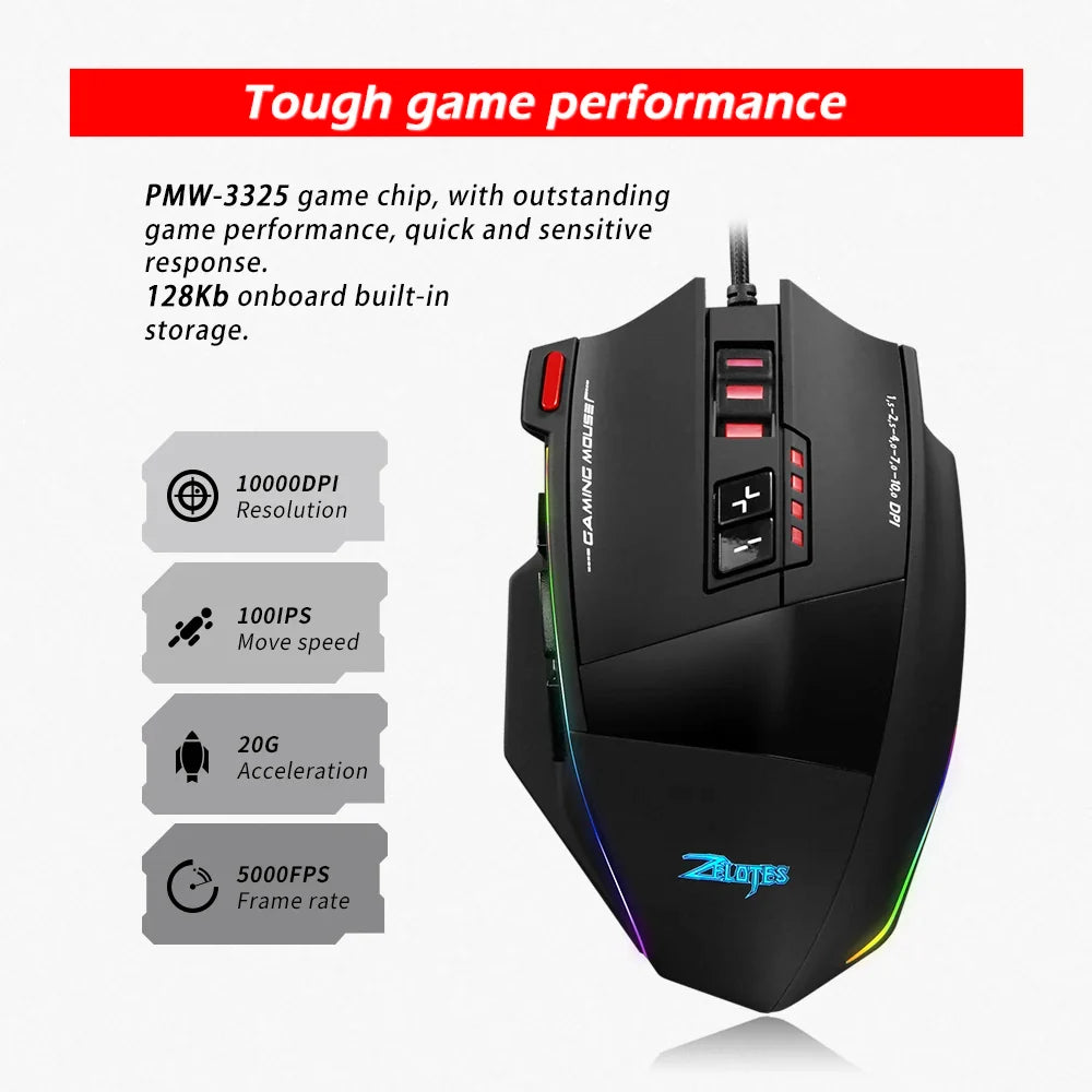 Zelotes C-13 Wired Gaming Mouse 13 Keys 10000 DPI RGB 128KB