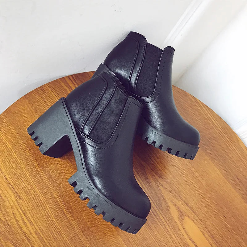 Women's Round Toe Ankle Boots – Thick Sole Square Heel